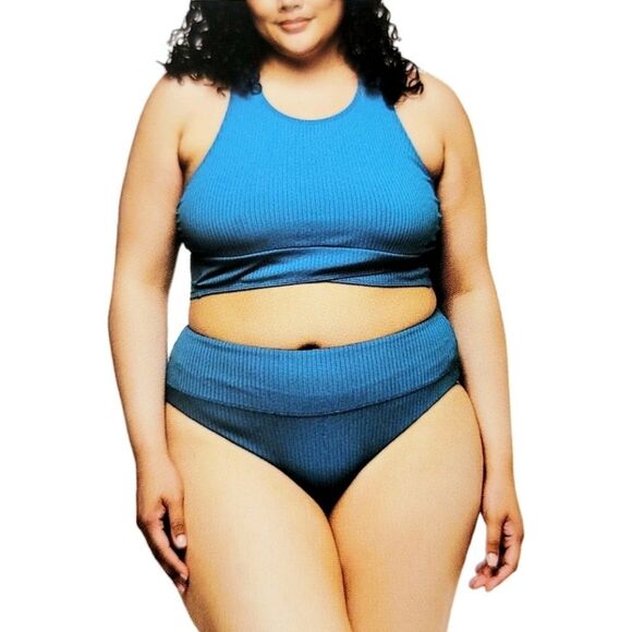 NEXT 2-pc Women's L Ribbed Racerback Swim Top Tank + High Waist Bikini Blue NWT - Picture 9 of 10